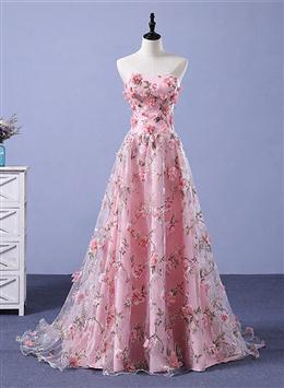 Picture of Pink Long A-line Flowers Evening Dresses, Pink Party Dresses Formal Dresses